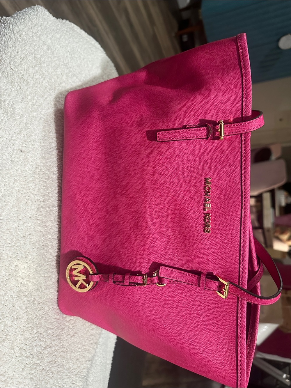 Michael Kors Hot Pink Saffiano Leather Tote with Gold Hardware